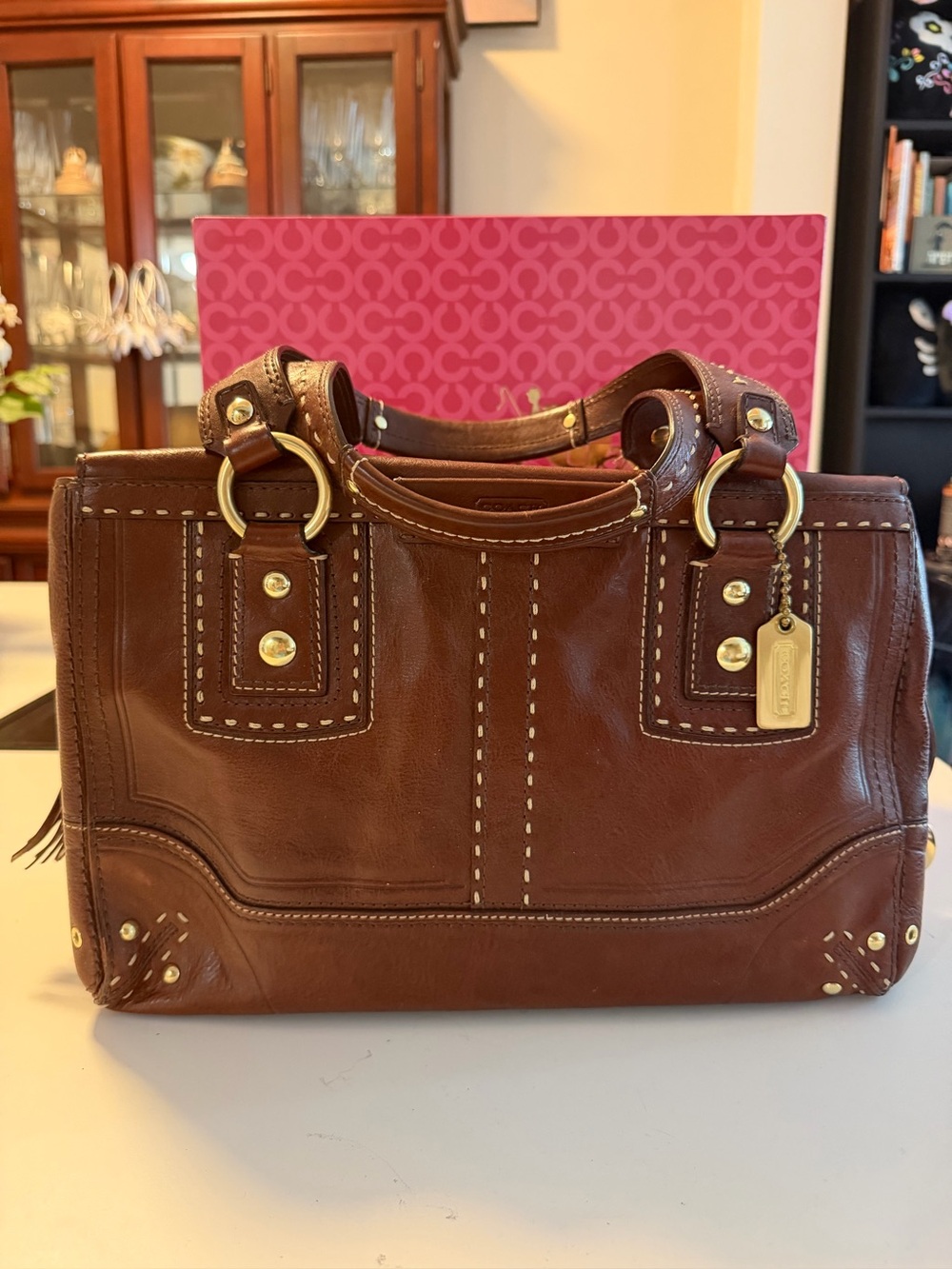 Coach Hamptons Andrea Cognac Leather Satchel with Gold Hardware